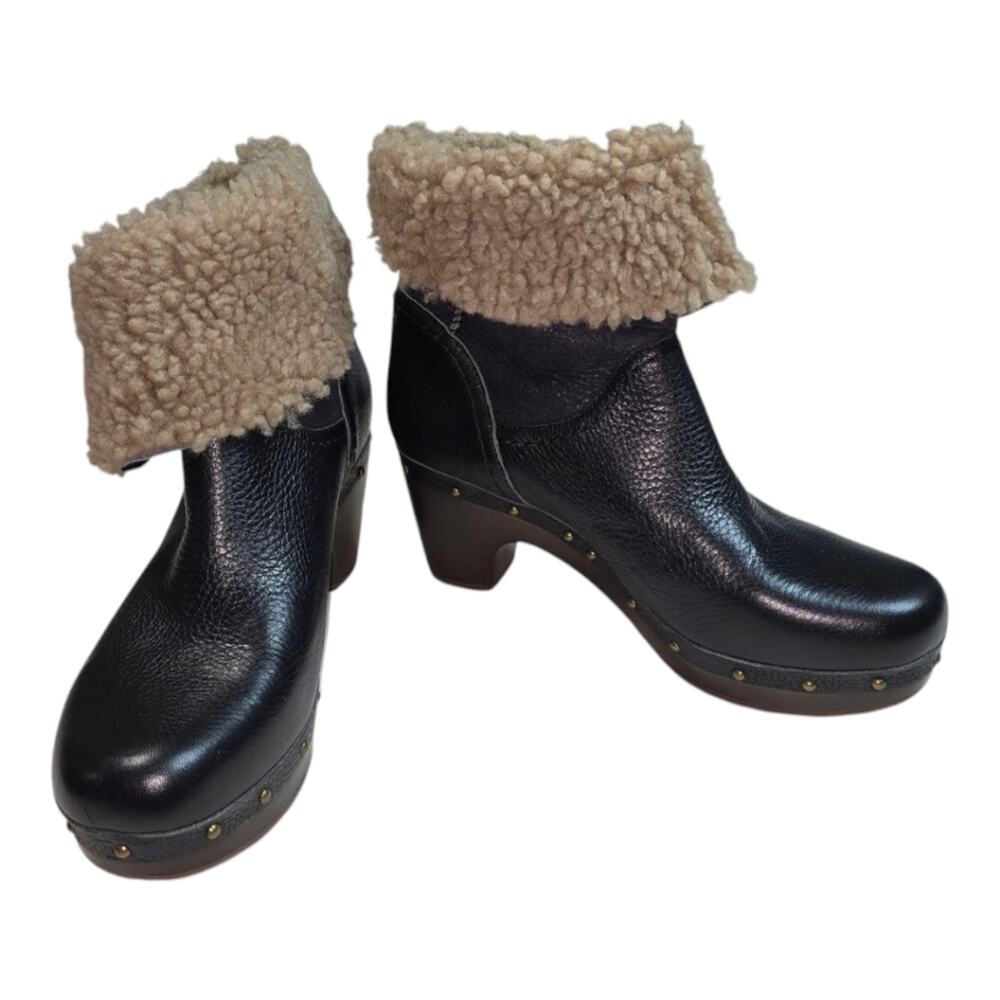 UGG Amoret women’s black leather sheep shearling platform‎ COZY boots size 6 NEW